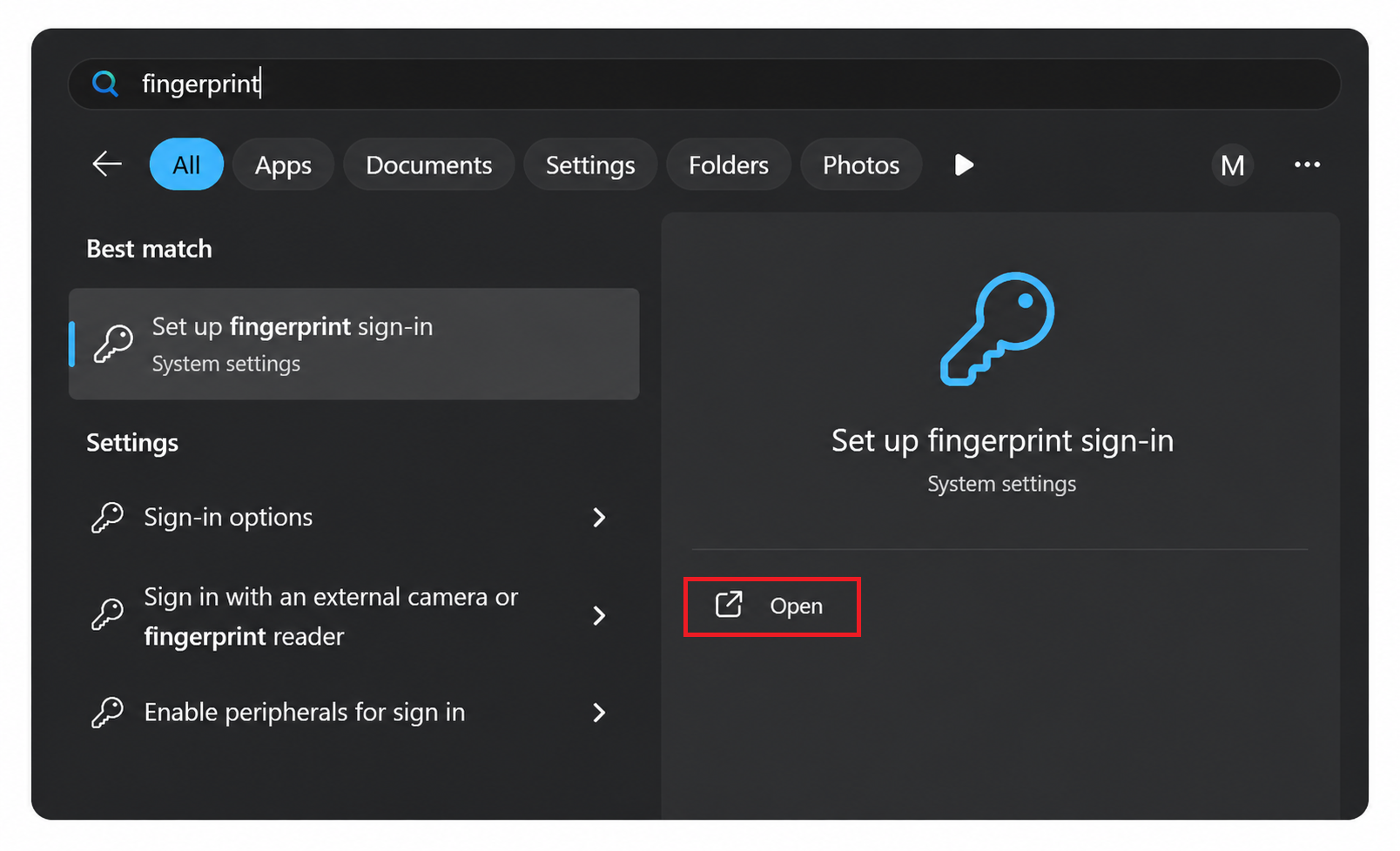 Search for Set up fingerprint sign-in from the Windows taskbar