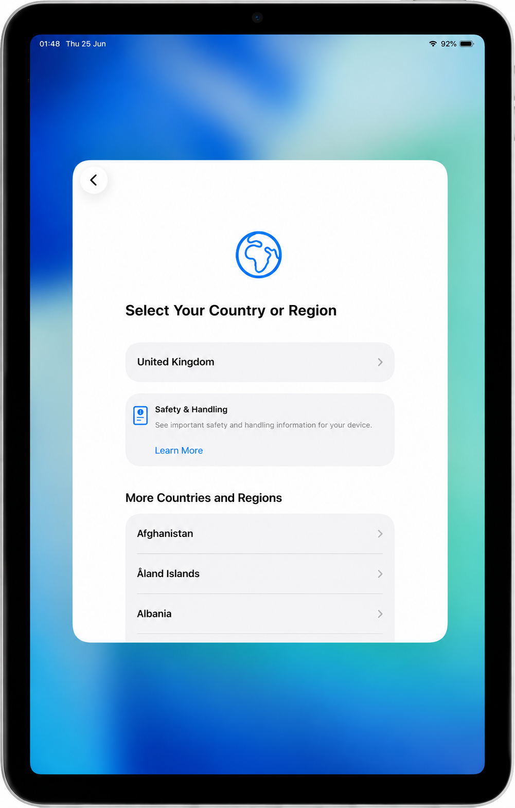 Select country or region screen