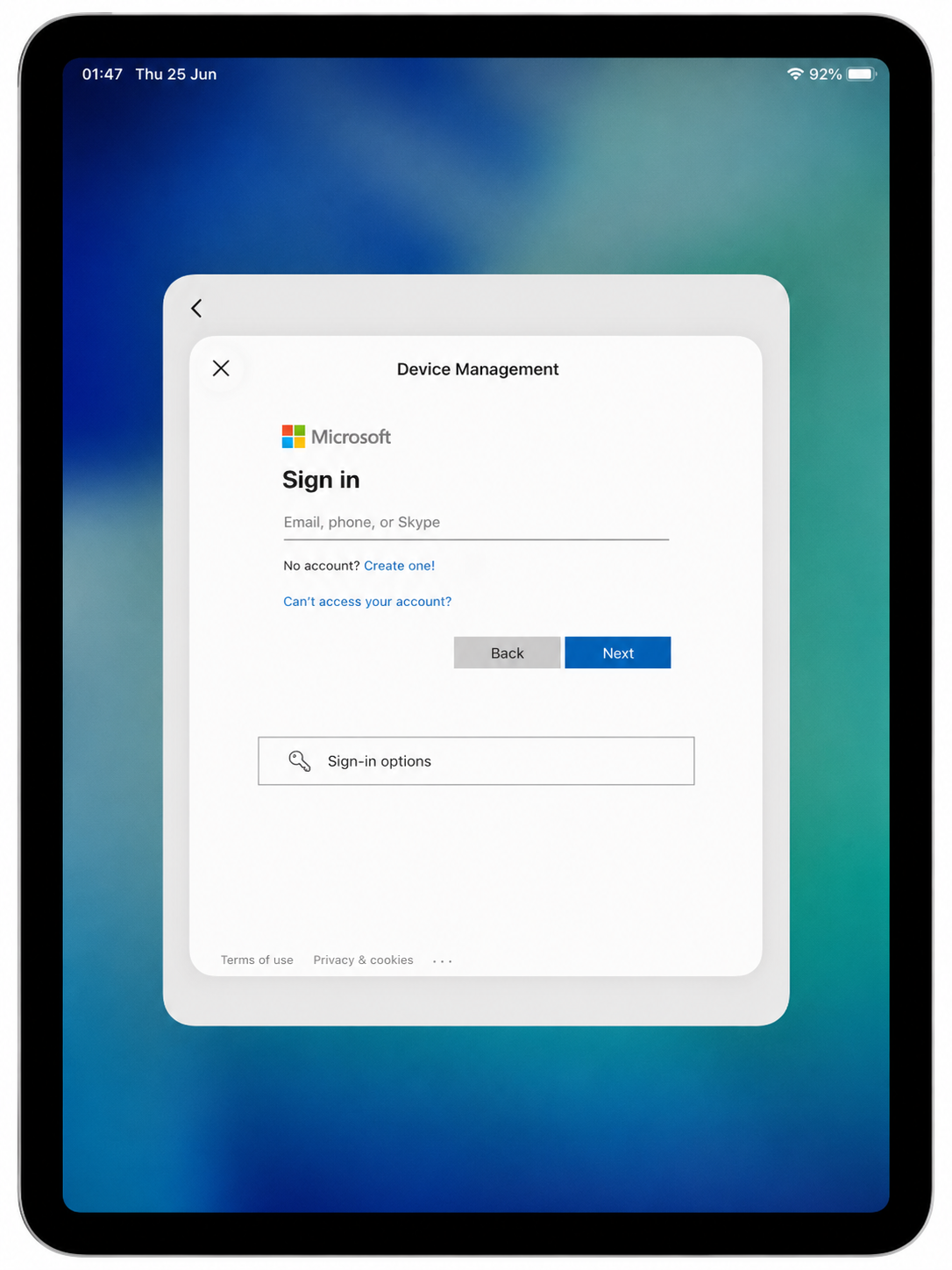 Microsoft sign in screen