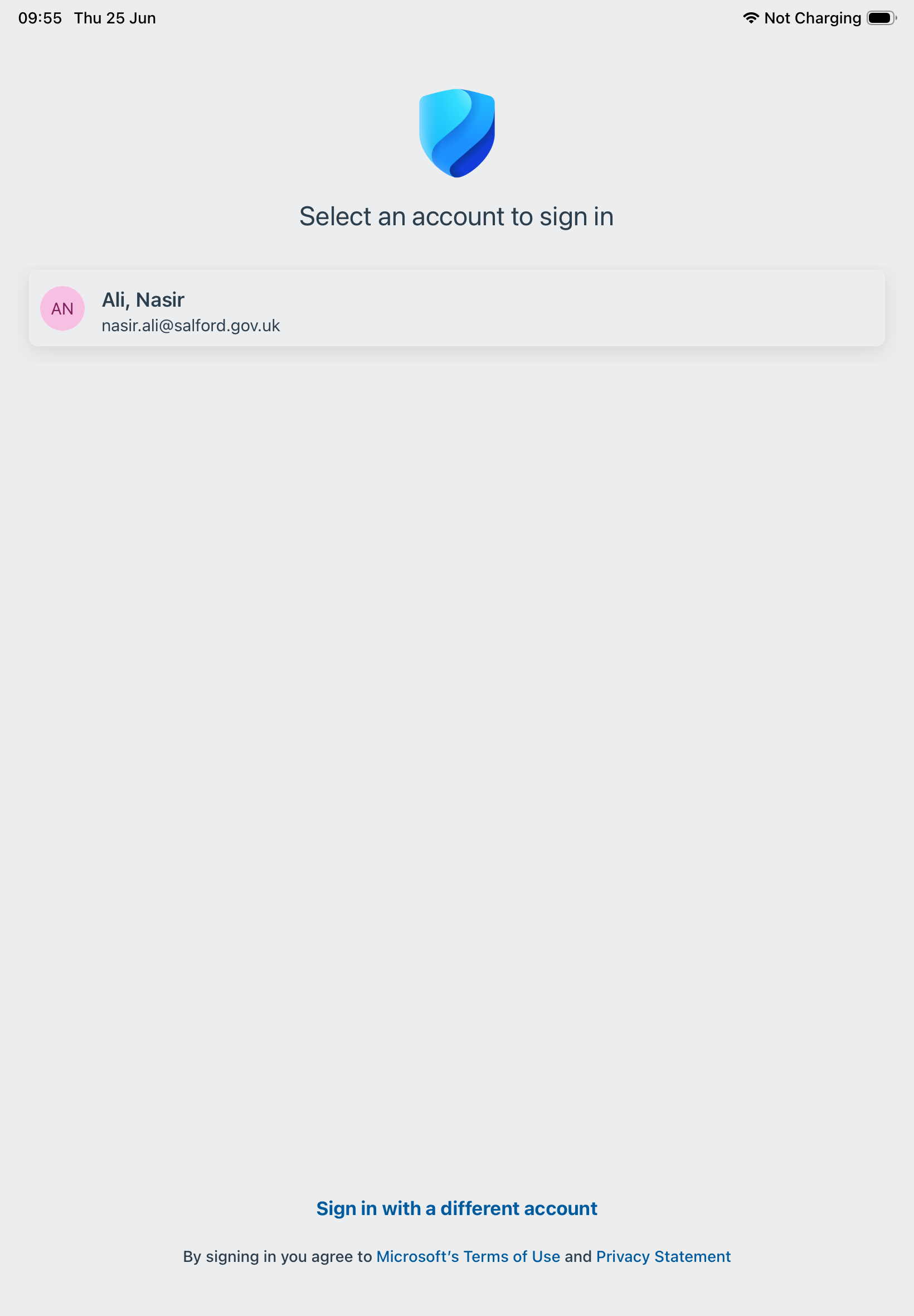 Select account for Microsoft Defender