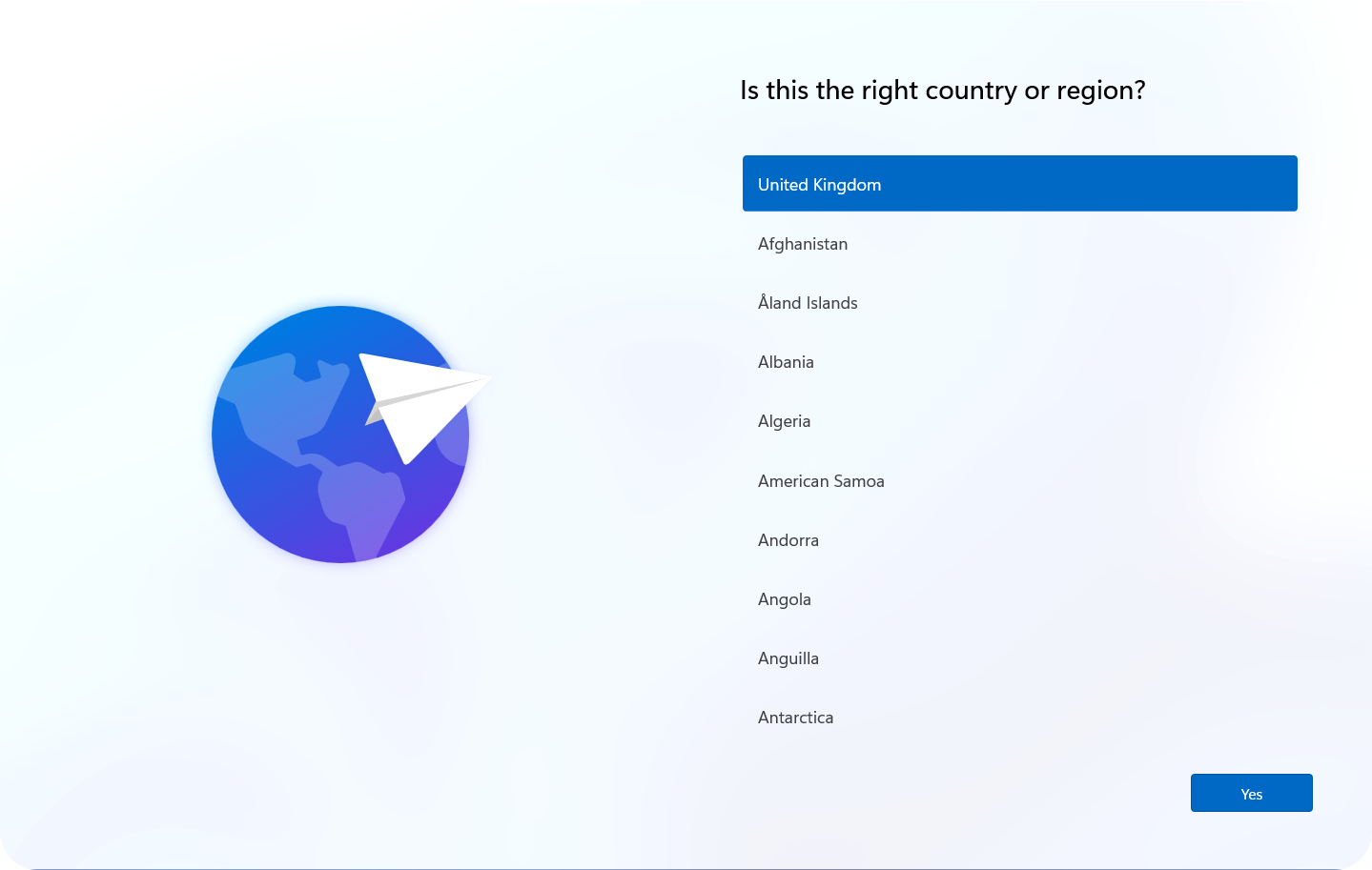 Country or region screen