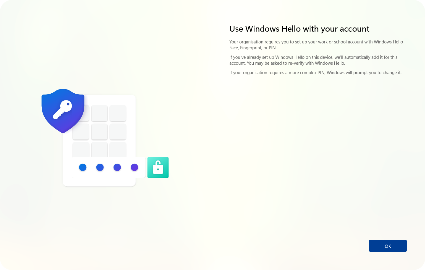 Start PIN setup screen